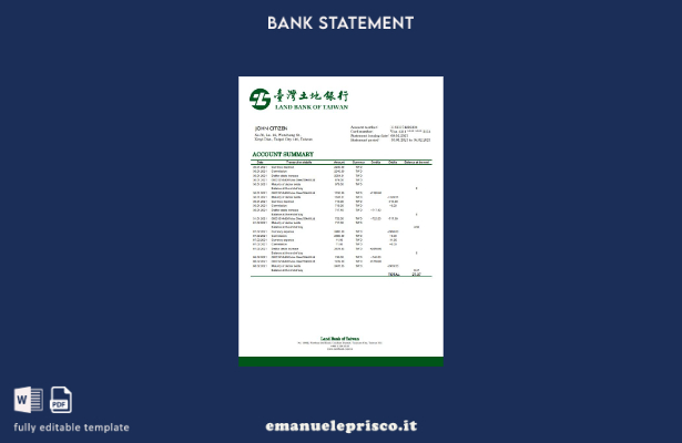 modello word di estratto conto bancario della Taiwan Land Bank of Taiwan in stil